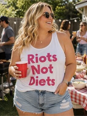 Port and Company White Tank with Pink "Riots Not Diets" Graphic